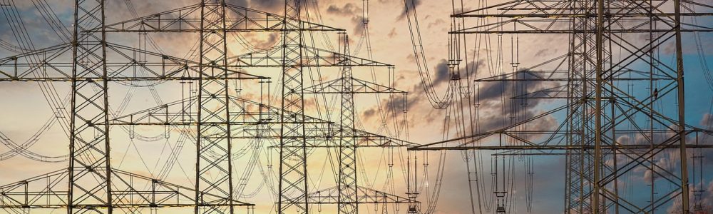 electricity, electricity pylons, power lines, high voltage pylons, high voltage, high voltage line, electric cable, industry, energy, technology, nature, electrics, sunset, multicoloured, clouds, power line, orange, yellow, blue