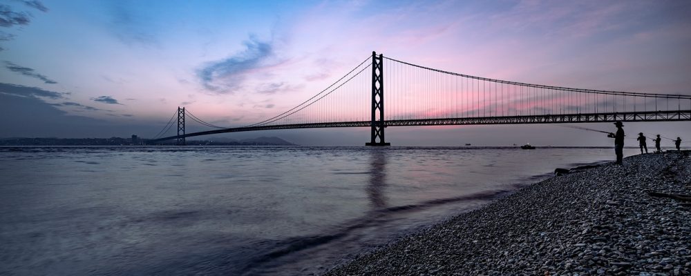 the akashi-kaikyo bridge, sea, silhouette, seto inland sea, coast, nature, bridge, suspension bridge, angler, before sunrise, japan