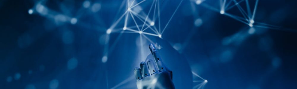 A robotic hand reaching into a digital network on a blue background, symbolizing AI technology.