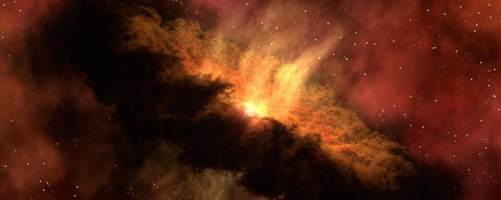 Dramatic image of a cosmic dust cloud with vivid colors and starry sky.