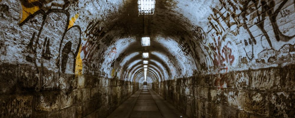 A gritty urban tunnel adorned with graffiti and dim lighting provides a raw, intriguing atmosphere.